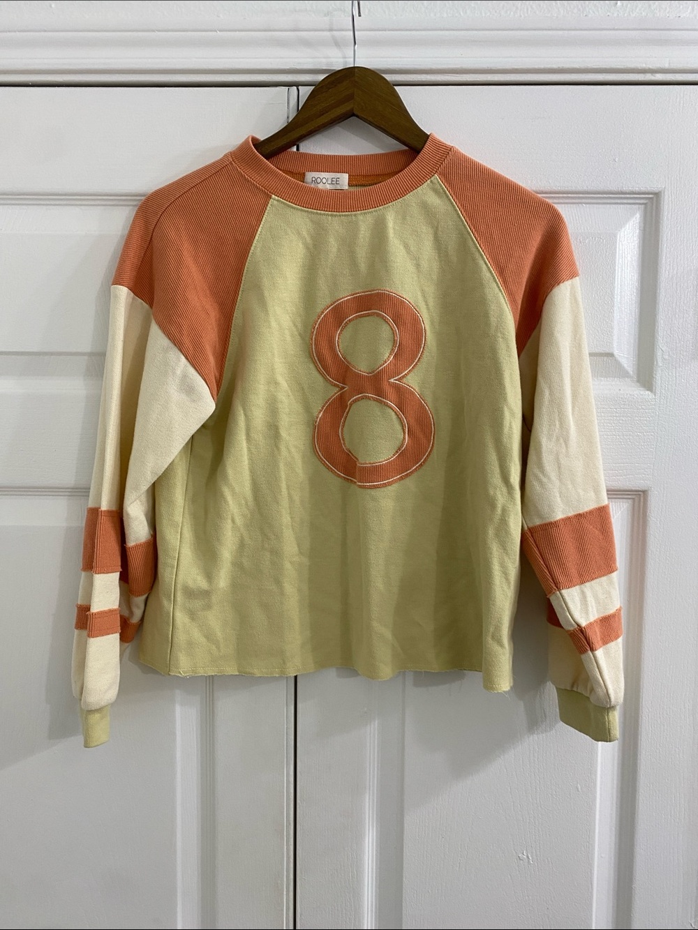 Roolee Peach & Light Yellow Colorblock '8' Crewneck Sweater